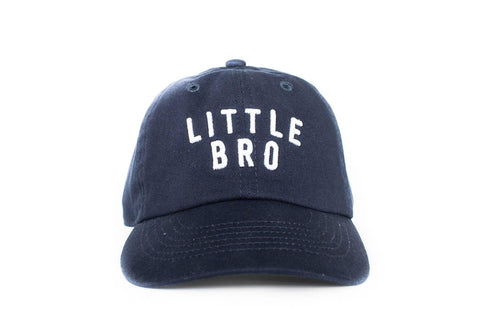 Dark blue hat with white text saying little bro on it