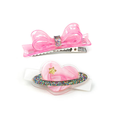 Heart Planet & Pearlized Pink Bow Hair Clips