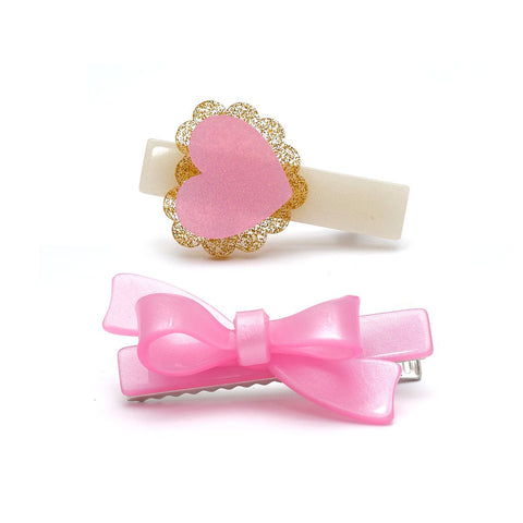 Heart Sweetheart & Bow Pink Satin Hair Clips