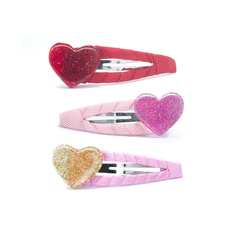 Hearts Glitter Gold Pink Red Fabric Snap Clips