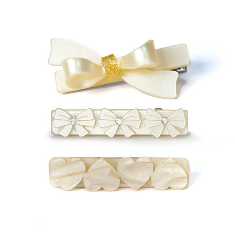 Bows & Hearts Pearl White Hair Clips