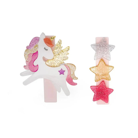 Unicorn Winged Coral Stars Glitter Hair Clips