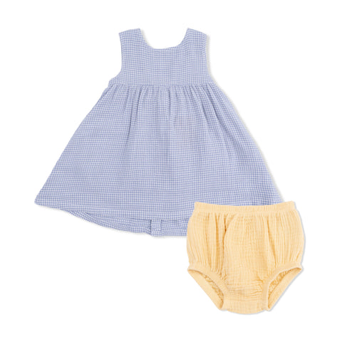 Infant Dress with Bow and Bloomer - Micro Gingham Blue Blizzard