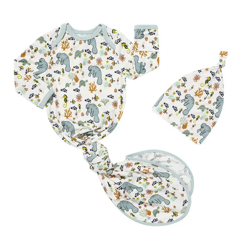Manatee Bamboo Gown and Hat Newborn Baby Gift Set
