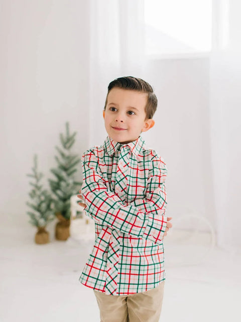 Boys Button Down Shirt - Holiday Plaid