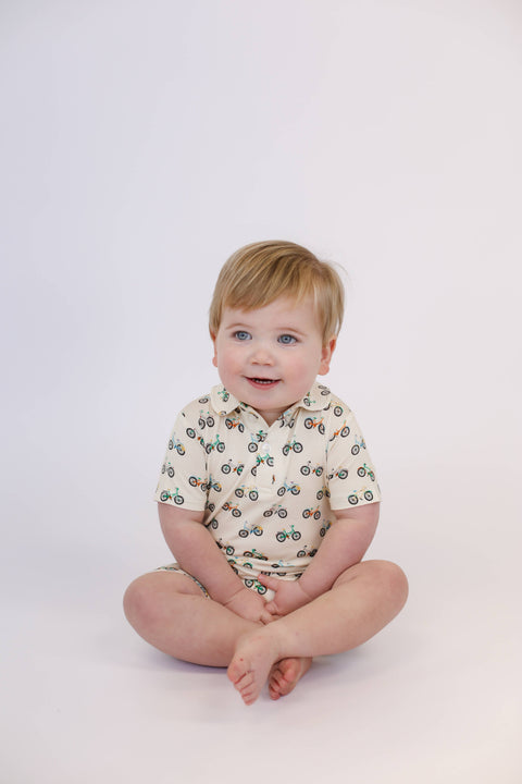 Bike Buddies Bamboo Short Sleeve Polo Romper for Baby Boys