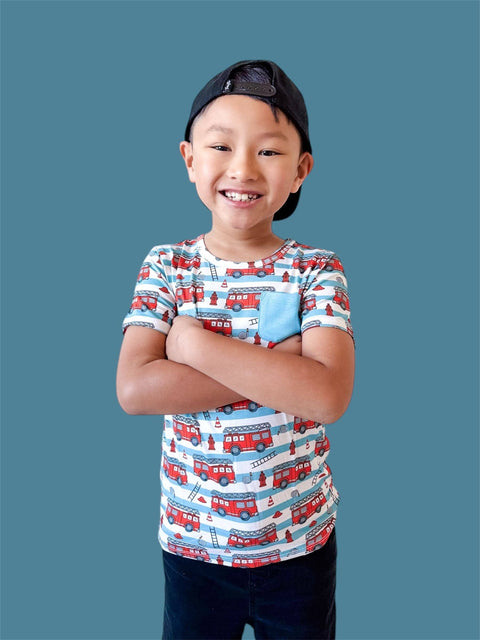 Kids Bamboo Pocket Tee - Firetruck Frenzy