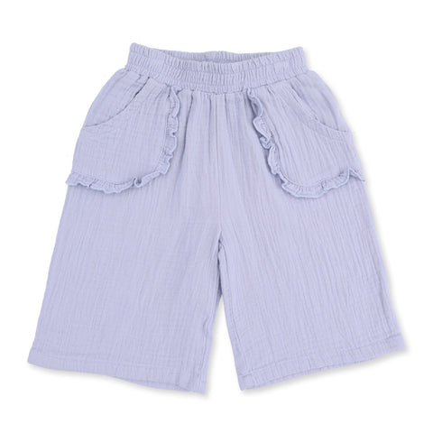 Wide Leg Muslin Pant with Ruffle Pockets - Solid Zen Blue