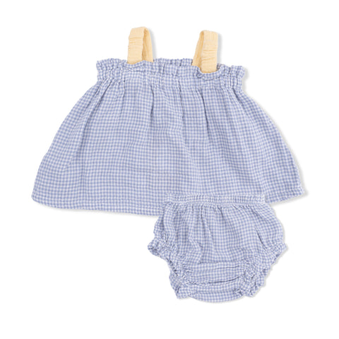 Top with Bows and Ruffle Leg Bloomer - Micro Gingham Blue Blizzard