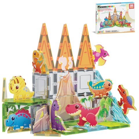 PicassoTiles Dinosaur Theme Magnetic Tile Building Set (38 Pieces)