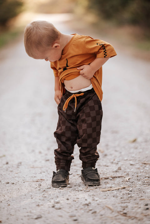 Kids Athletic Joggers: Brown Checkerboard