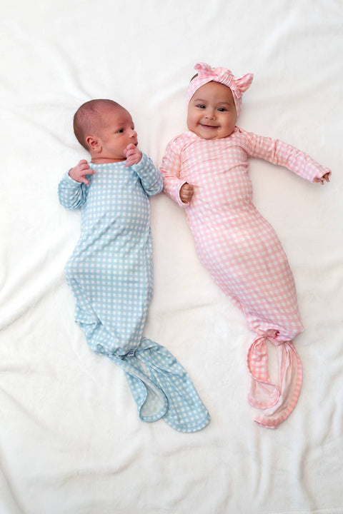 Baby Blue Gingham Bamboo Knotted Infant Gown