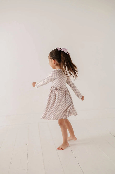 Long Sleeve Henley Dress - Lavender Checkered
