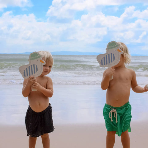 Kids Velcro Beach Bats - Sid the Seagull Blue Stripe