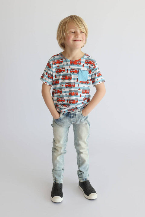 Kids Bamboo Pocket Tee - Firetruck Frenzy