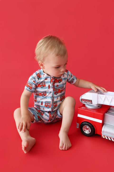 Baby Bamboo Shortie Romper - Firetruck Frenzy