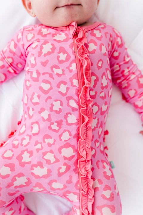 Pink Leopard Bamboo Ruffle Zipper Footie for Baby Girl