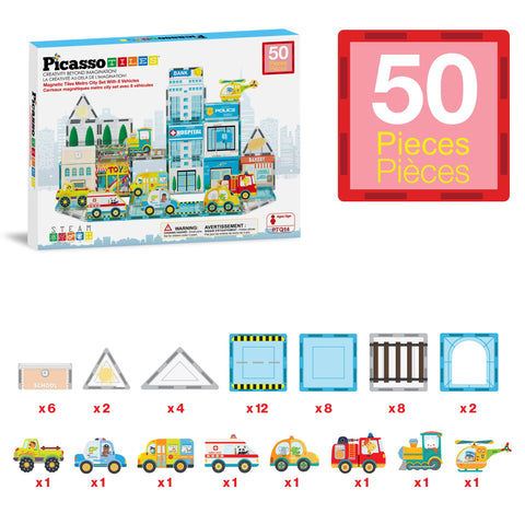 PicassoTiles City Theme Magnetic Tile Building Set (50 Pieces)