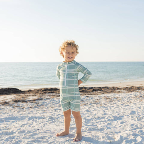 Blue Plaid Baby Boys One Piece Rash Guard Swimsuit
