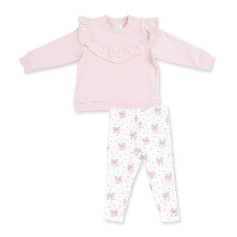 V-Ruffle Sweatshirt & Legging - Veiled Pink Bows