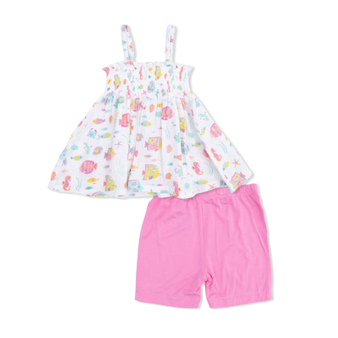Smocked Top with Bike Short - Sunny Coral Reef Fish
