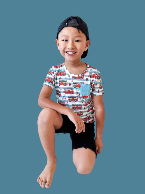 Kids Bamboo Pocket Tee - Firetruck Frenzy