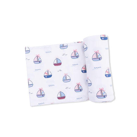 Bamboo Swaddle Blanket - Pink Bubbly Sailboats