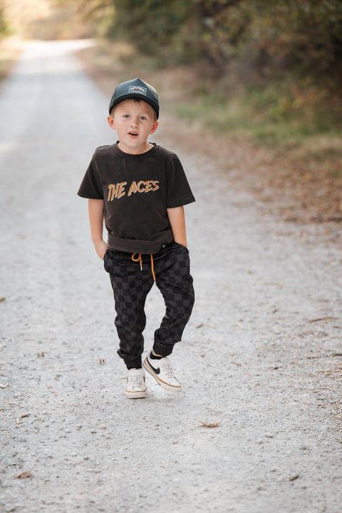 Kids Athletic Joggers: Black Checkerboard