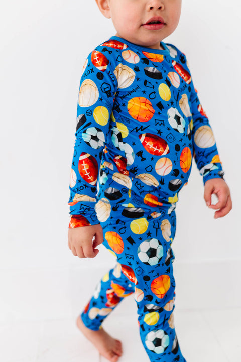 Blue Sports Bamboo Long Sleeve Pajama Set for Boys