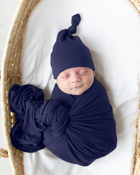 Swaddle Blanket & Baby Hat - Navy Blue