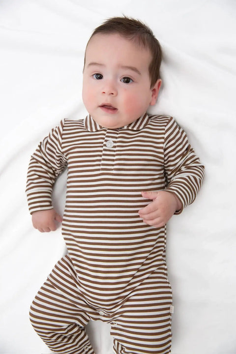 Chocolate Stripe Bamboo Long Sleeve Polo Romper