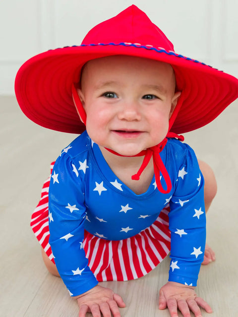 Long Sleeve Skirted One Piece Rash Guard Swimsuit - Shimmer Stars & Stripes