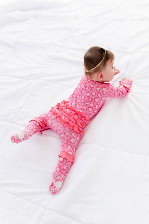 Pink Leopard Bamboo Ruffle Zipper Footie for Baby Girl