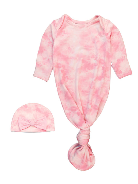 Pink Tie Dye Bamboo Knotted Ruffle Gown & Hat Set