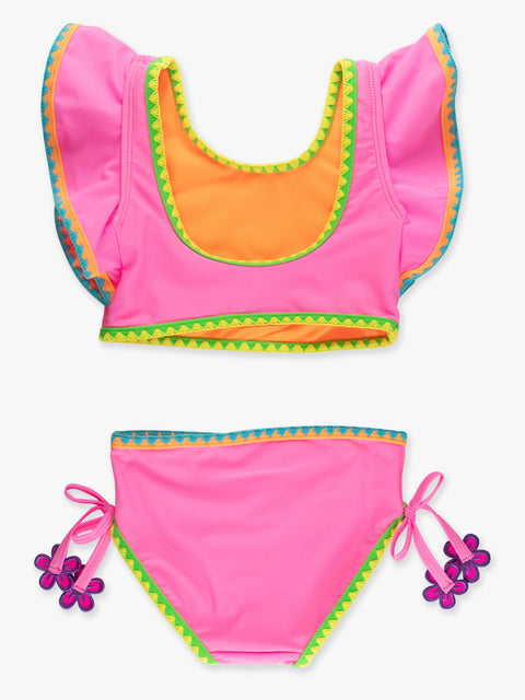 Girls Butterfly Tankini Swimsuit - Neon Pink Crochet Detail