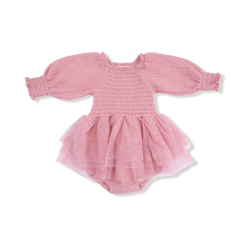Long Sleeve Smocked Bubble with Tutu - Rose Elegance