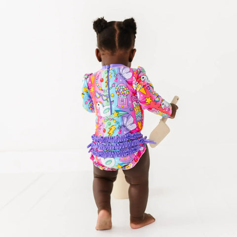 Cosmic Candyland Long Sleeve Ruffle Swimsuit