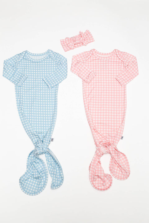 Baby Blue Gingham Bamboo Knotted Infant Gown