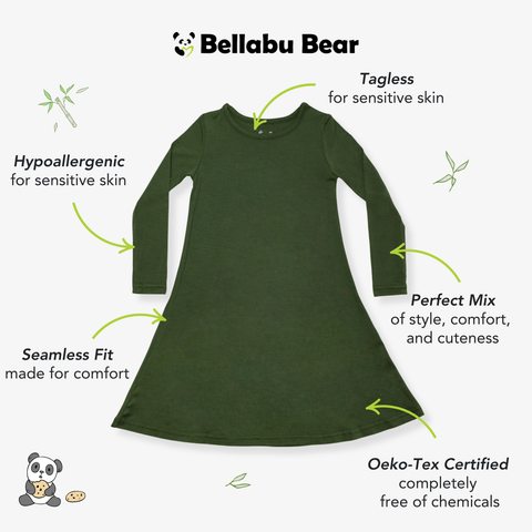Girls Bamboo Long Sleeve Dress/Night Gown - Evergreen