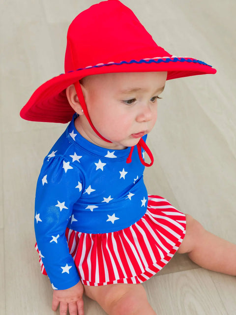 Long Sleeve Skirted One Piece Rash Guard Swimsuit - Shimmer Stars & Stripes