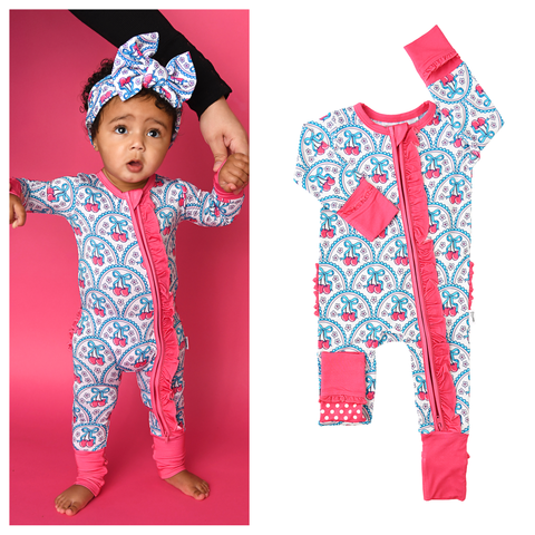 Cherry Ruffle Zip Bamboo Pajama