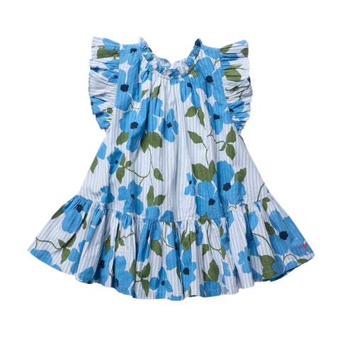 Blue floral dress with ruffled sleeves on a white background