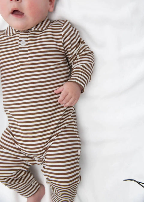 Chocolate Stripe Bamboo Long Sleeve Polo Romper