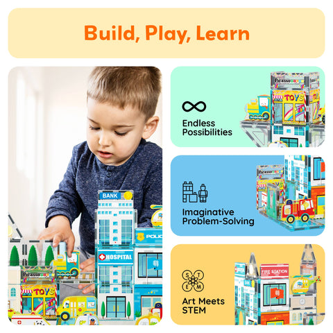 PicassoTiles City Theme Magnetic Tile Building Set (50 Pieces)