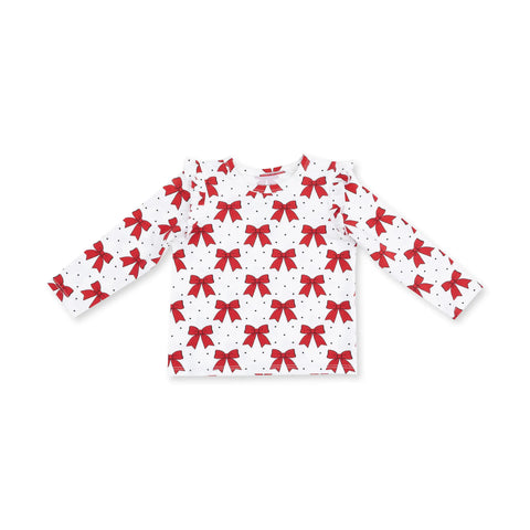 Long Sleeve Ruffle Tee - Festive Bows