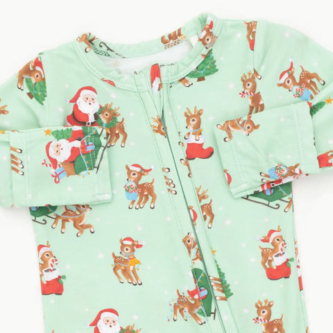 2 Way Zipper Footie - Vintage Reindeer & Santa Green