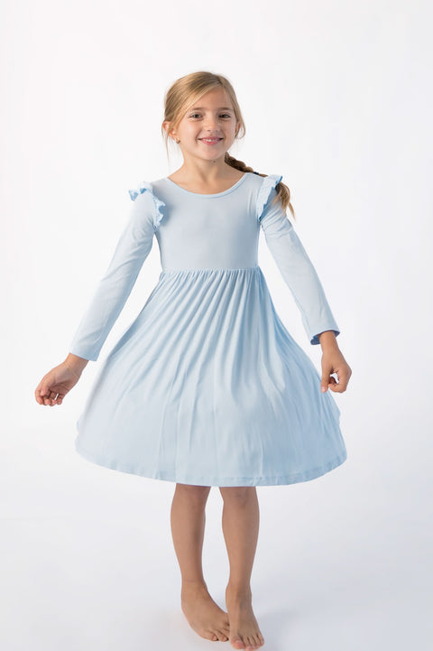 Girls Long Sleeve Bamboo Flutter Dress - Baby Blue