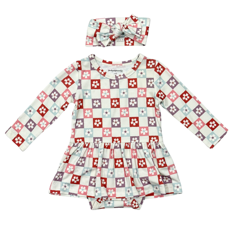 Baby Girl Long Sleeve Bodysuit Dress Set in Wavy Daisy Checkered