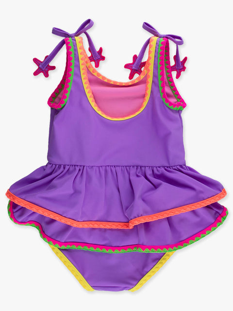Girls Peplum One Piece Swimsuit - Neon Purple Crochet Detail