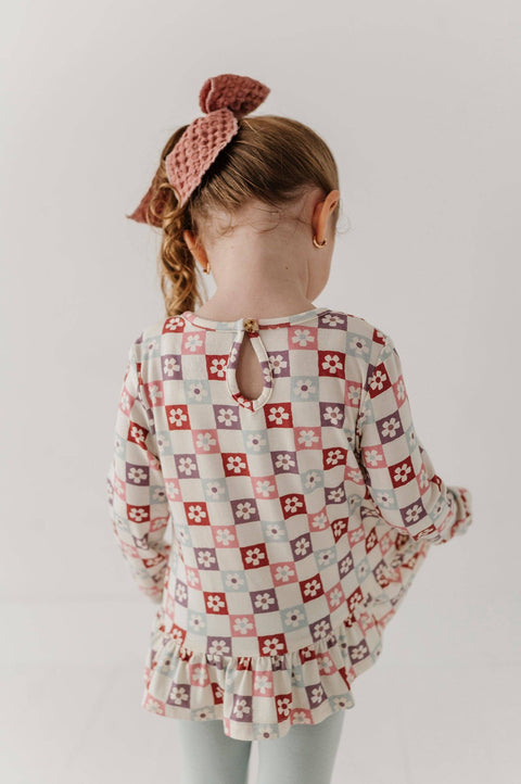 Girls Long Sleeve Peplum Set in Wavy Daisy Checkered